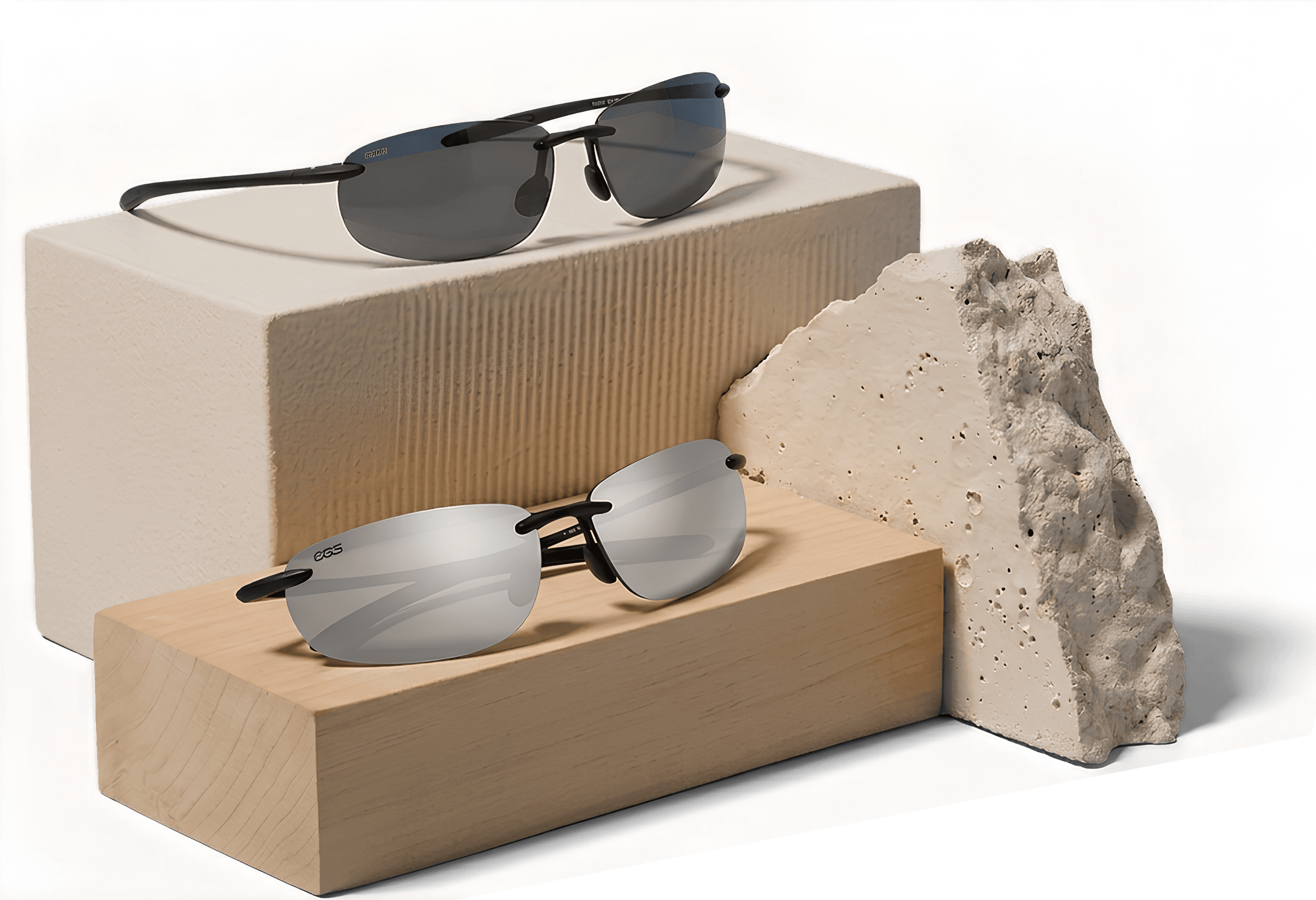 Trending sunglasses and eyeglasses on display blocks